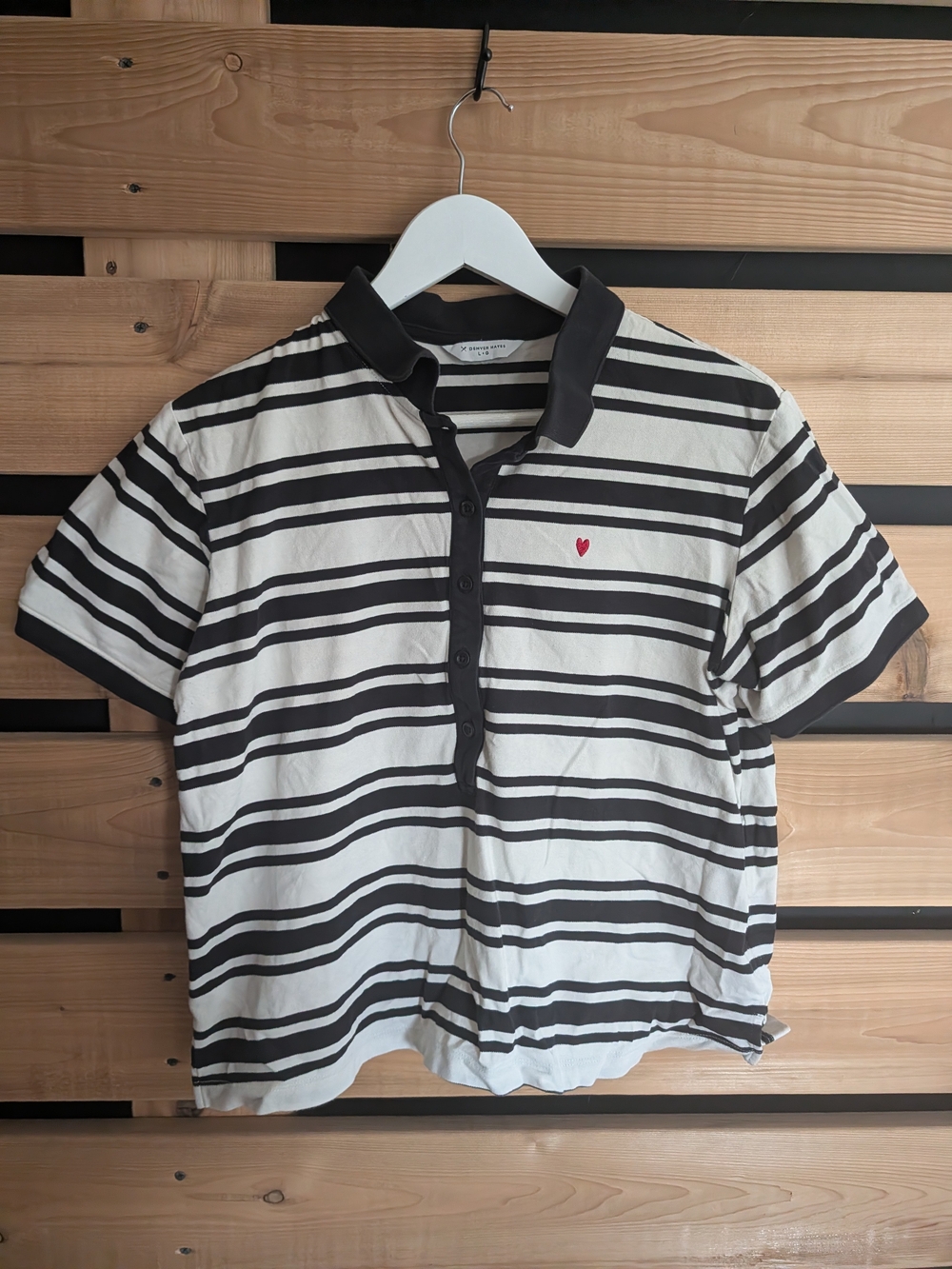 Denver Hayes Black & White Striped Polo with Red Heart